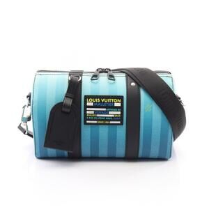 Louis Vuitton City Keepall Damier Stripe Vert Canvas Leather Travel Bag Blue